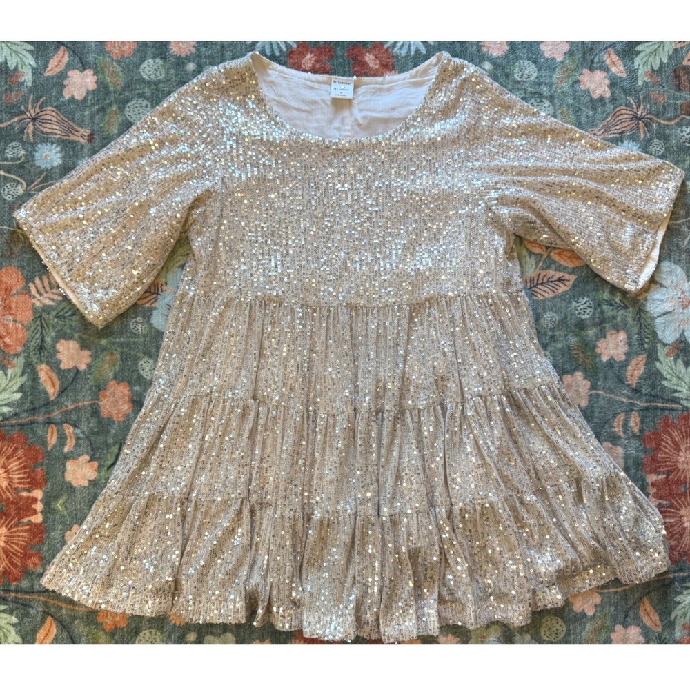 By Together Sequin Tiered Babydoll Dress Champagne Gold L3720 Womens Small‎